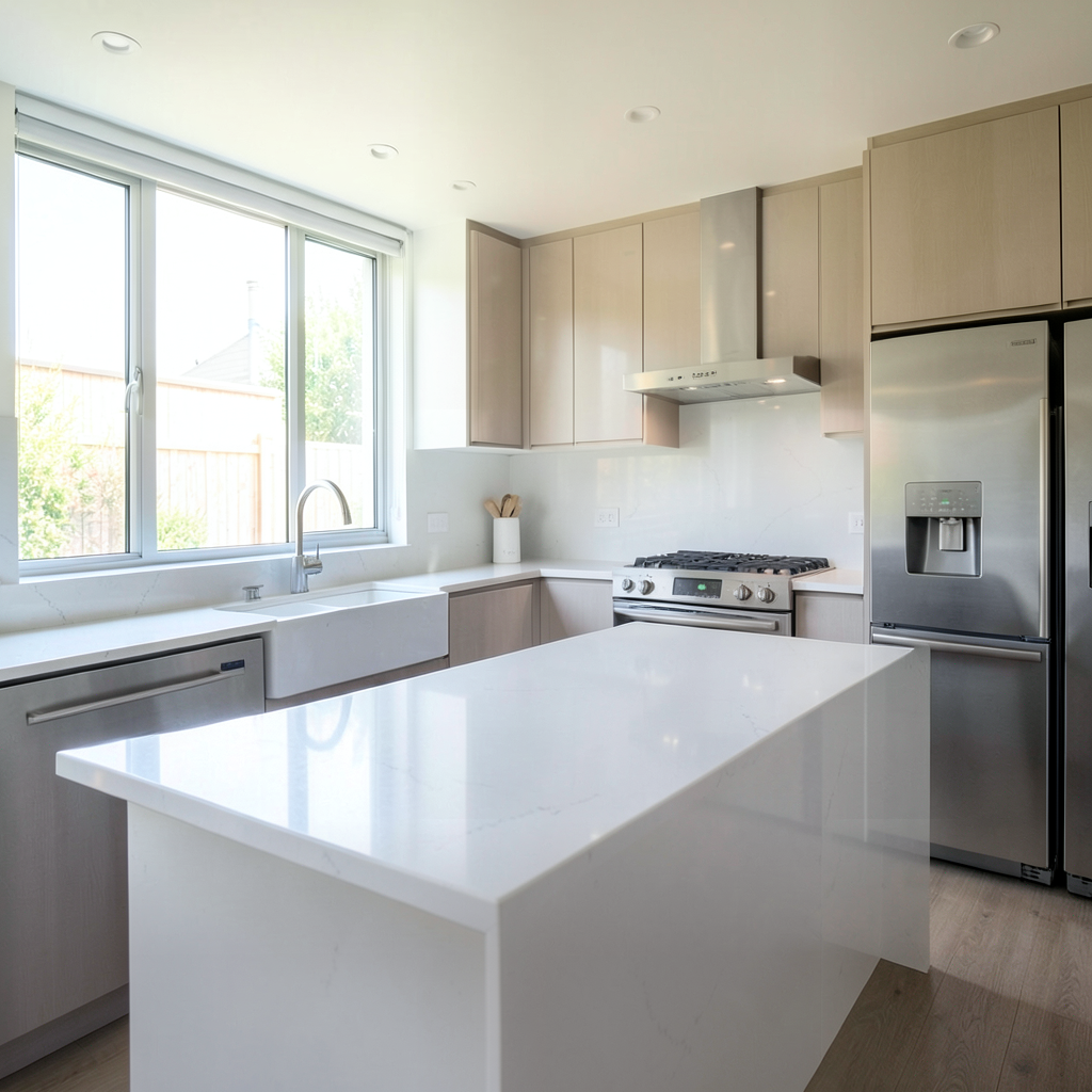 Spotless modern kitchen after a deep clean with gleaming counters and appliances.
