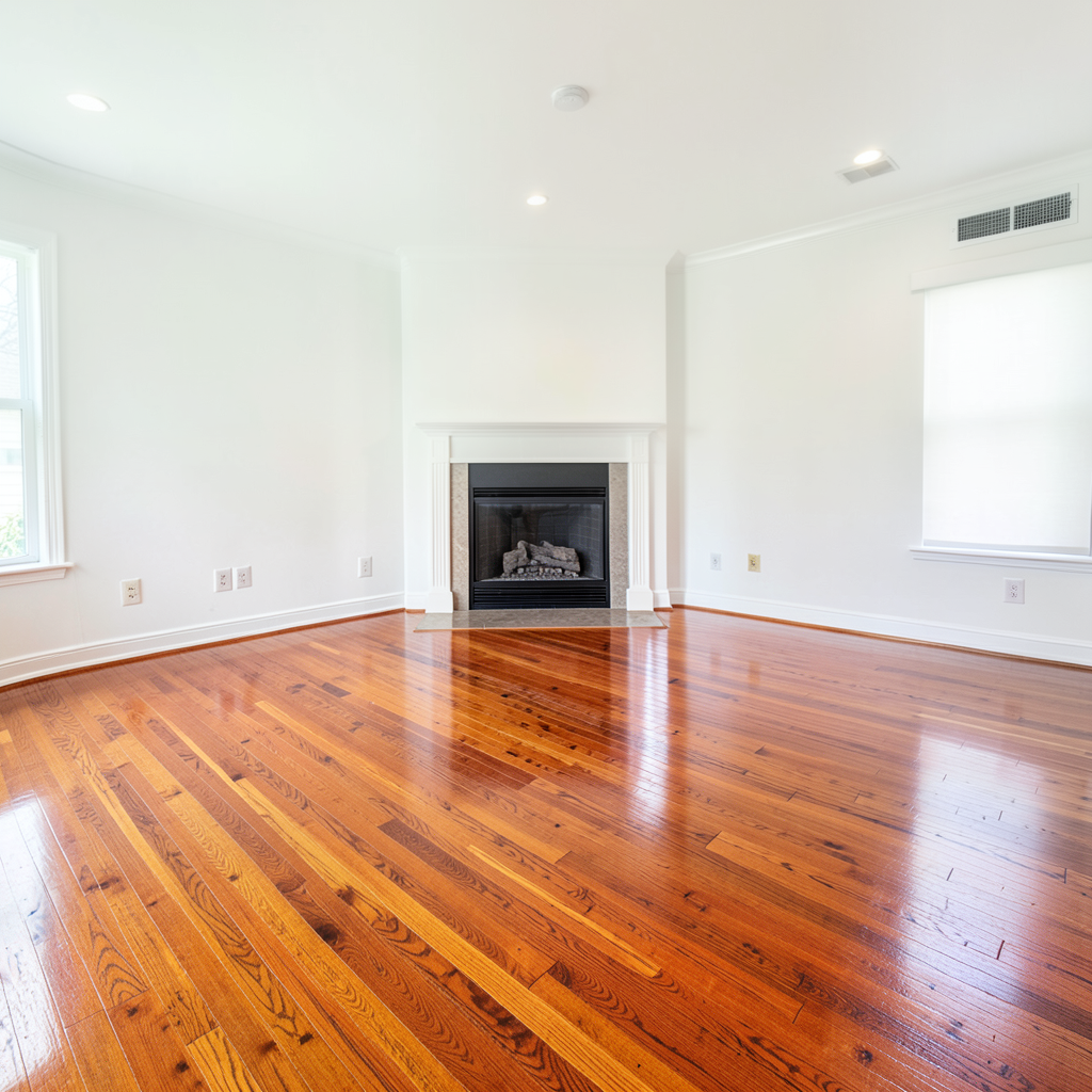 Bright empty living room with freshly cleaned hardwood floors and fireplace.