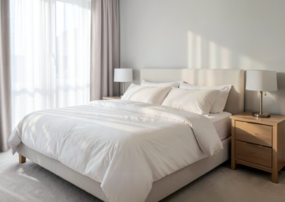 Calm primary bedroom with freshly made bed, clean nightstands, and vacuumed carpet after a residential housekeeping visit.
