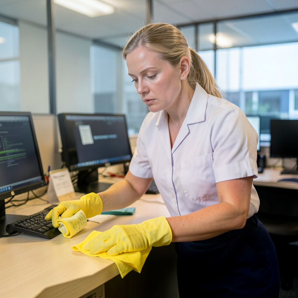 Woman dusting and wiping an office workstation during commercial cleaning after business hours.