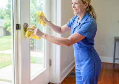 Woman wiping a glass front door in an entryway during a residential cleaning appointment.