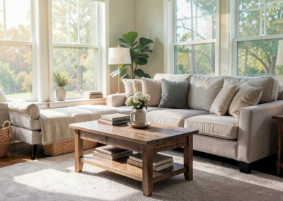 Sunlit living room with vacuumed carpet, dust-free tables, and neatly arranged cushions after a residential clean.