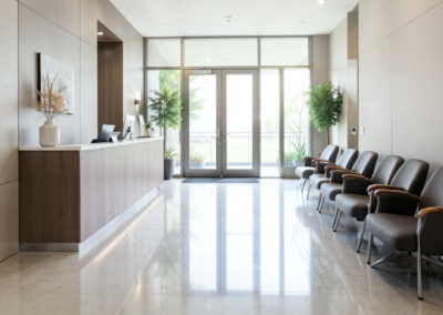 Business reception lobby with a clean front desk, shiny floors, and organized seating after commercial janitorial service.