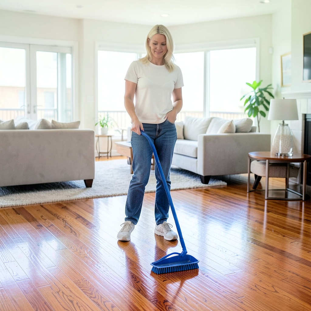 Woman sweeping polished hardwood floors with a blue broom and dustpan.